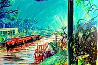 A painting of boats along banks of a river, with a signposting sign at the front to Walthamstow Town Centre